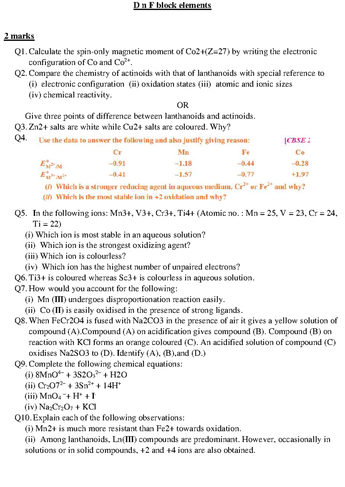 D n F Block Elements: Key Concepts & Practice Questions - Studocu