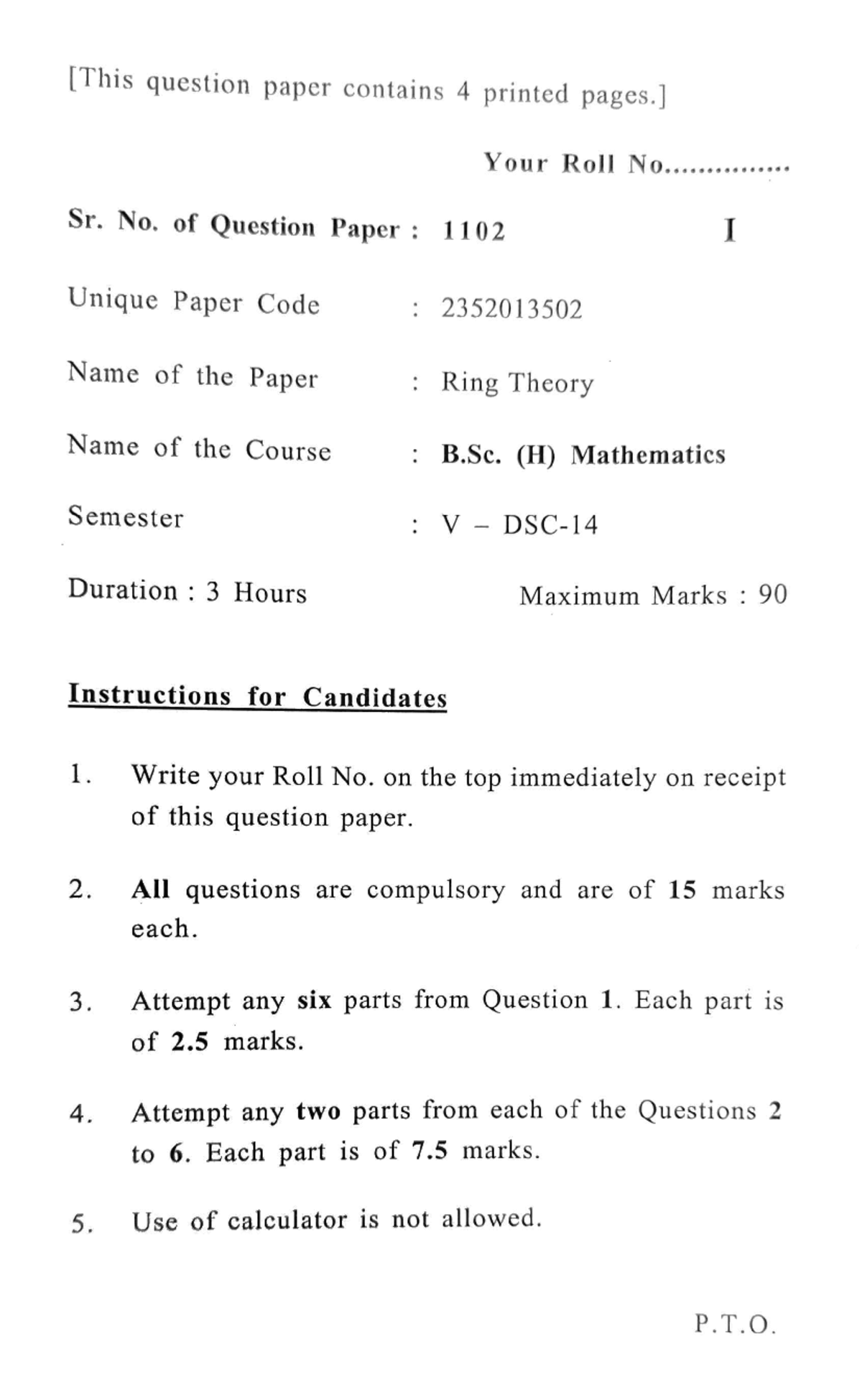 RING Theory Question Paper B.Sc. (H) Math SEM 5 - 1102 - Studocu