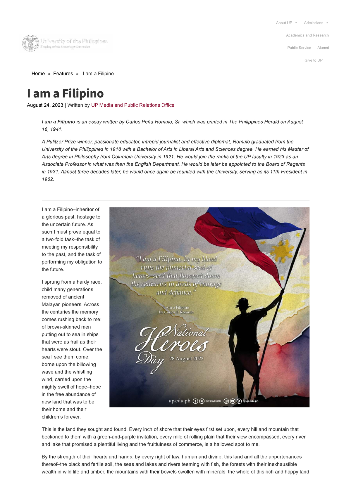 I am a Filipino: An Essay by Carlos Peña Romulo, Sr. - Studocu