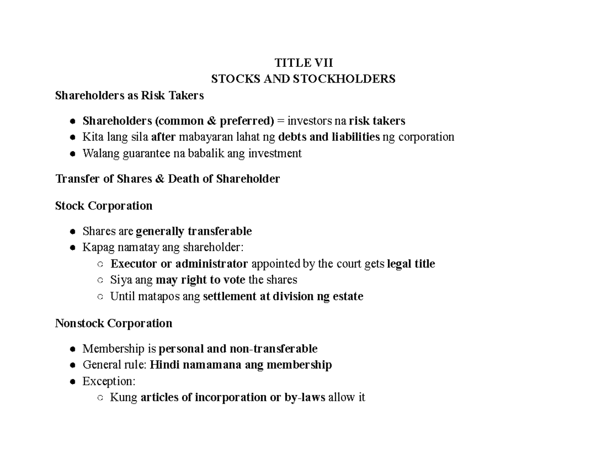 Title VII - VIII: Stocks, Stockholders, and Shareholder Rights - Studocu