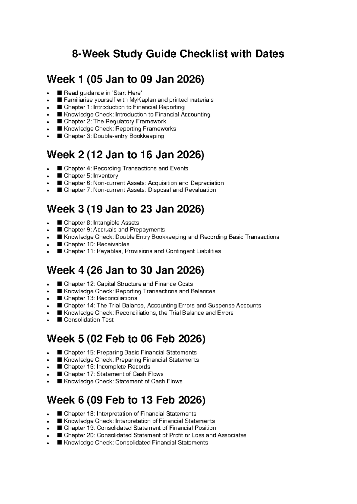 Study Guide: Financial Reporting (Week 1-8) with Dates - Studocu