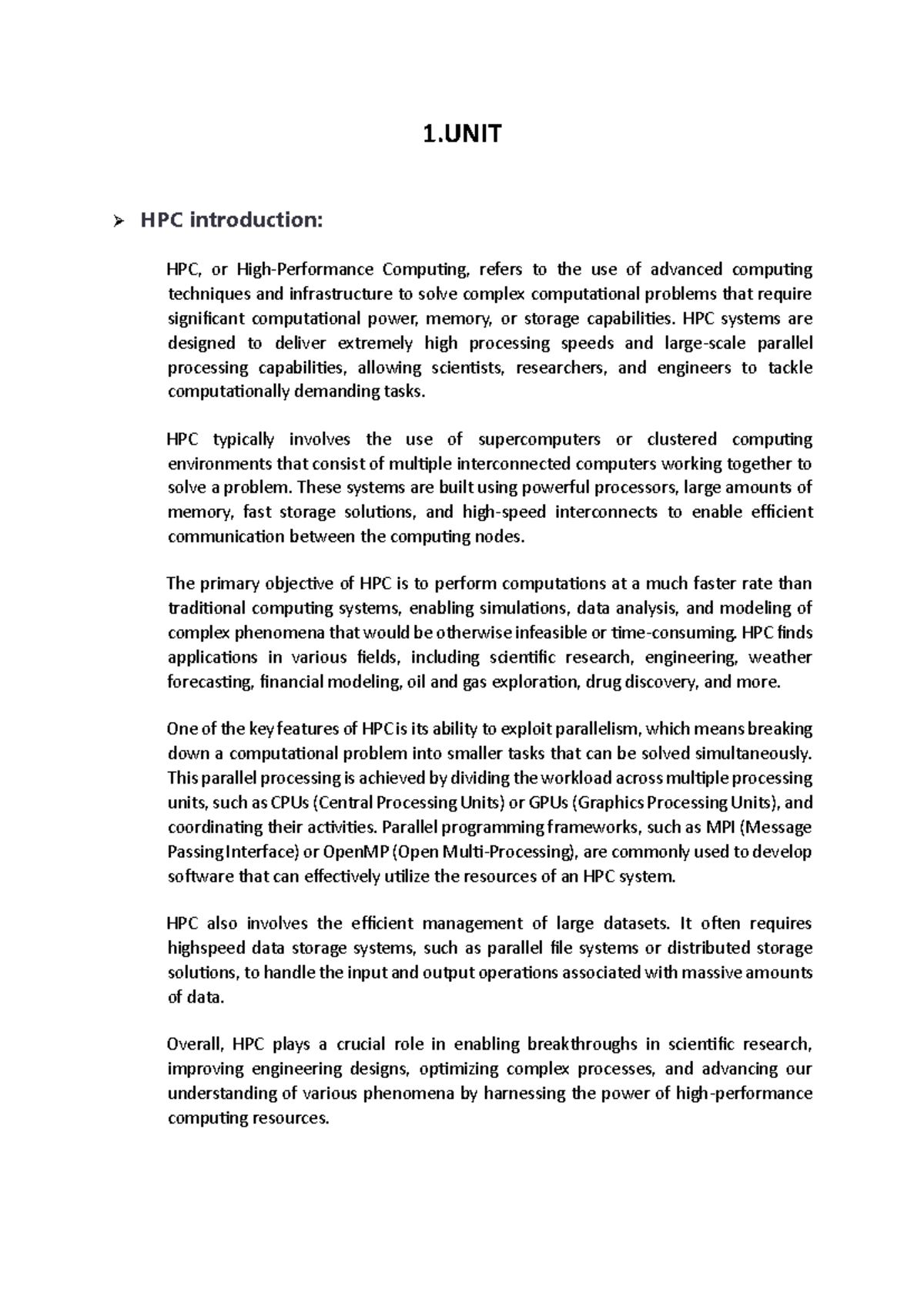 UNIT-1 - HPC - 1 HPC introduction: HPC, or High-Performance Computing ...
