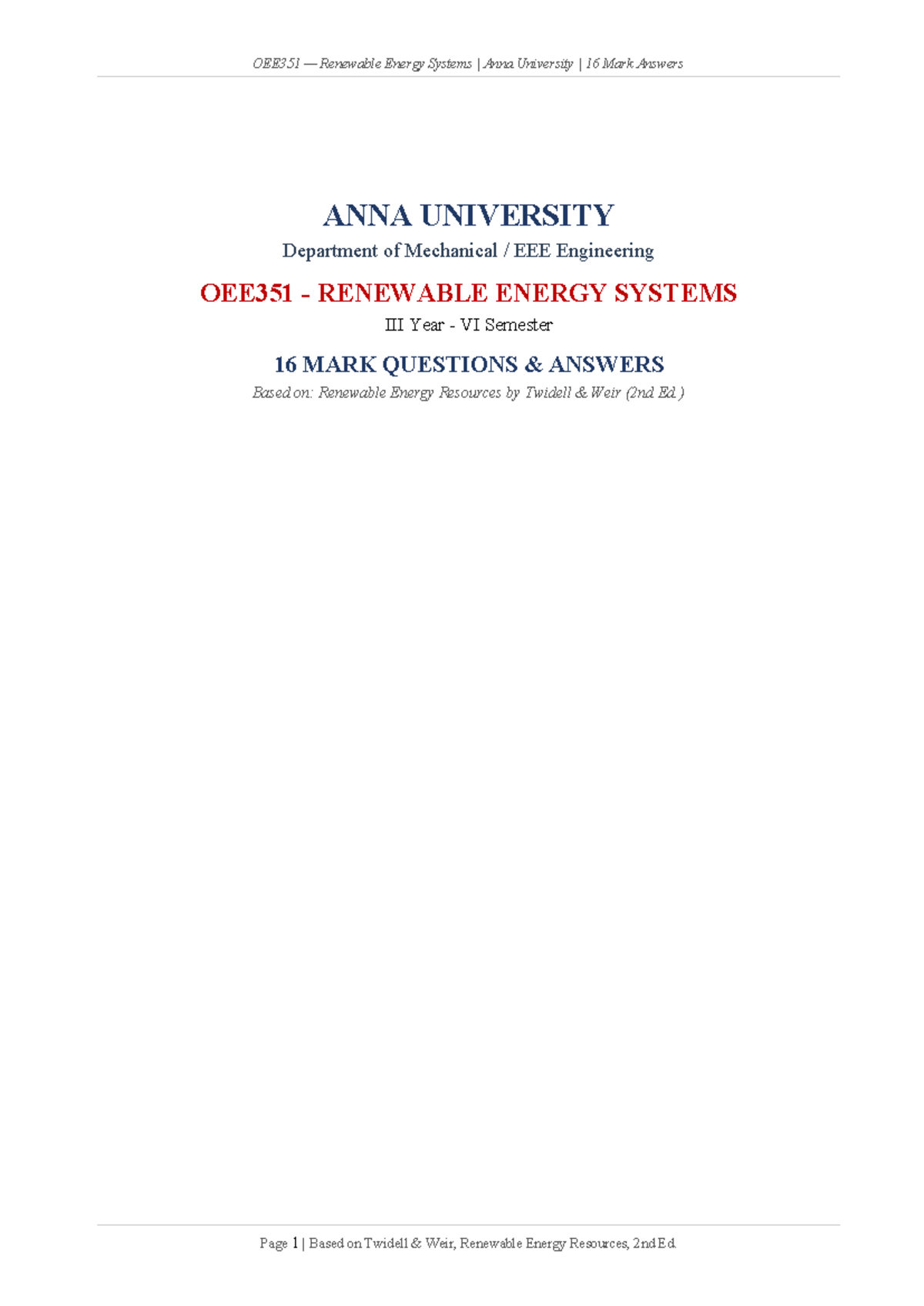 OEE351 Renewable Energy Systems Anna University 16 Mark Answer Notes ...