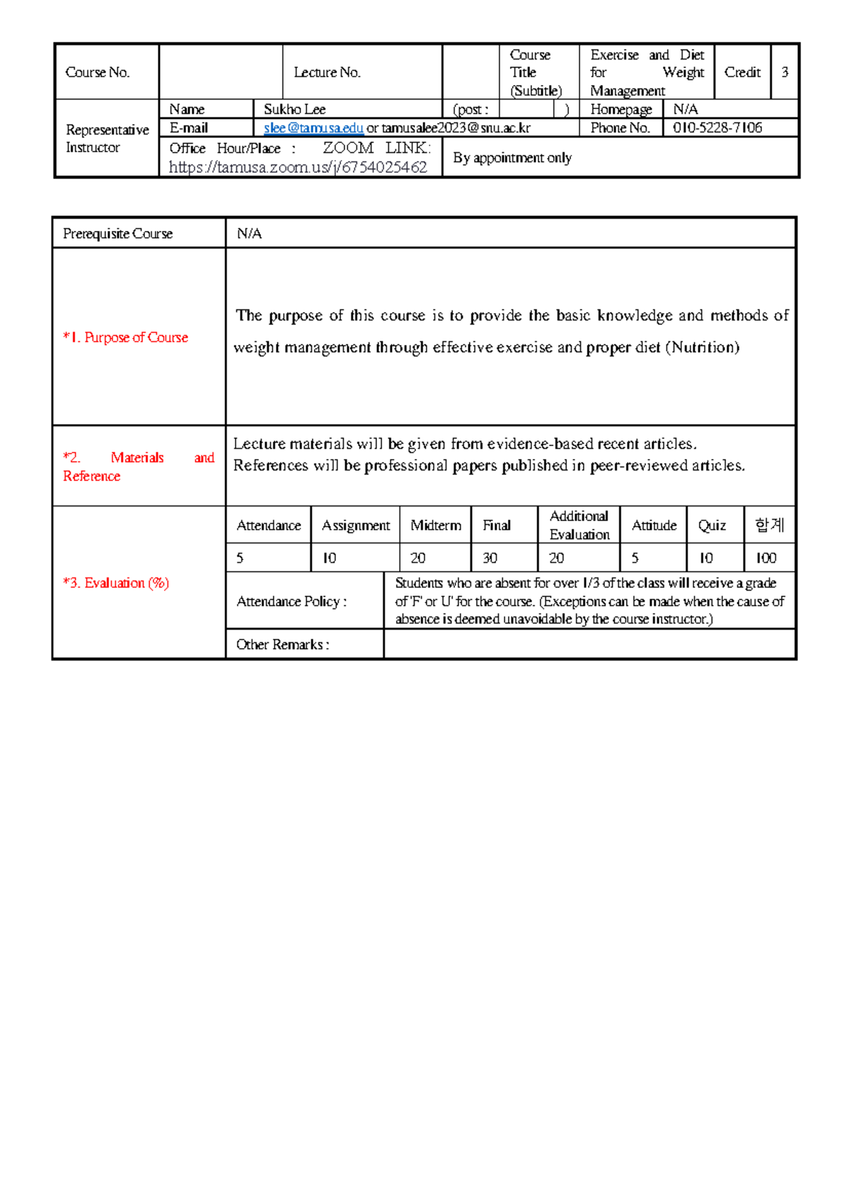 Exercise and Diet for Weight Management (Course No. 3 Lecture Notes ...