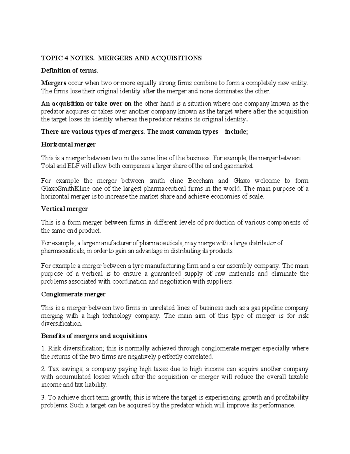 Mergers and Acquisitions: Key Concepts and Analysis Notes - Studocu