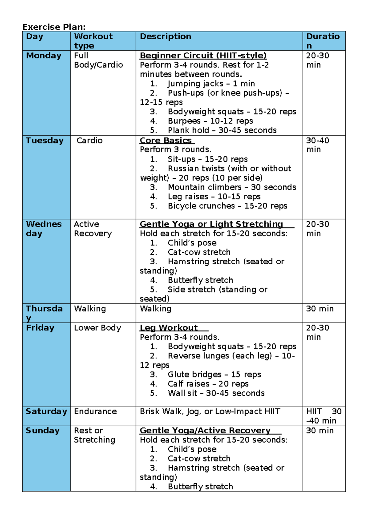 Exercise Plan for Beginners - JJN LJ - Studocu