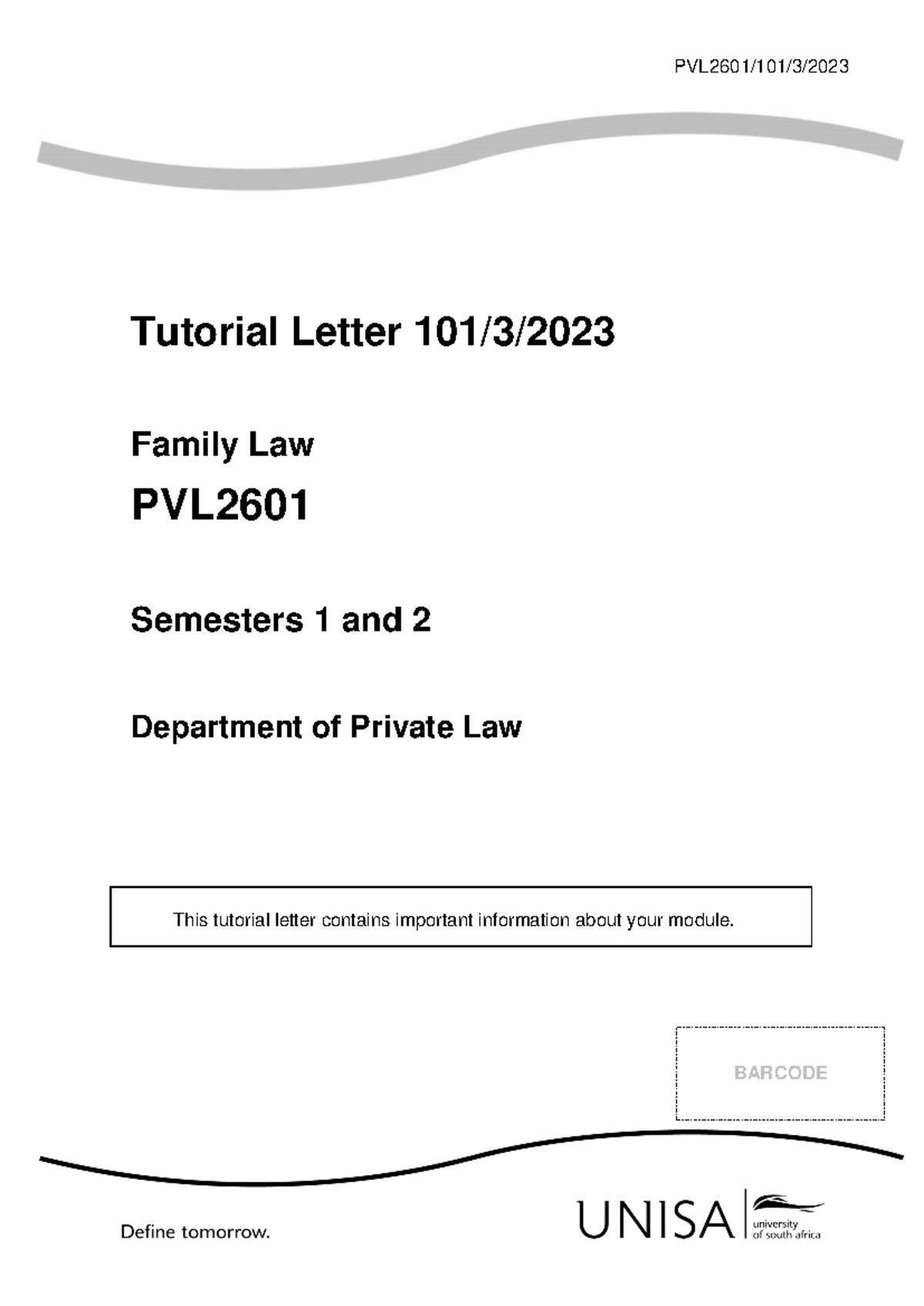 PVL2601 Tutorial Letter 101/3: Overview of Family Law Module - Studocu