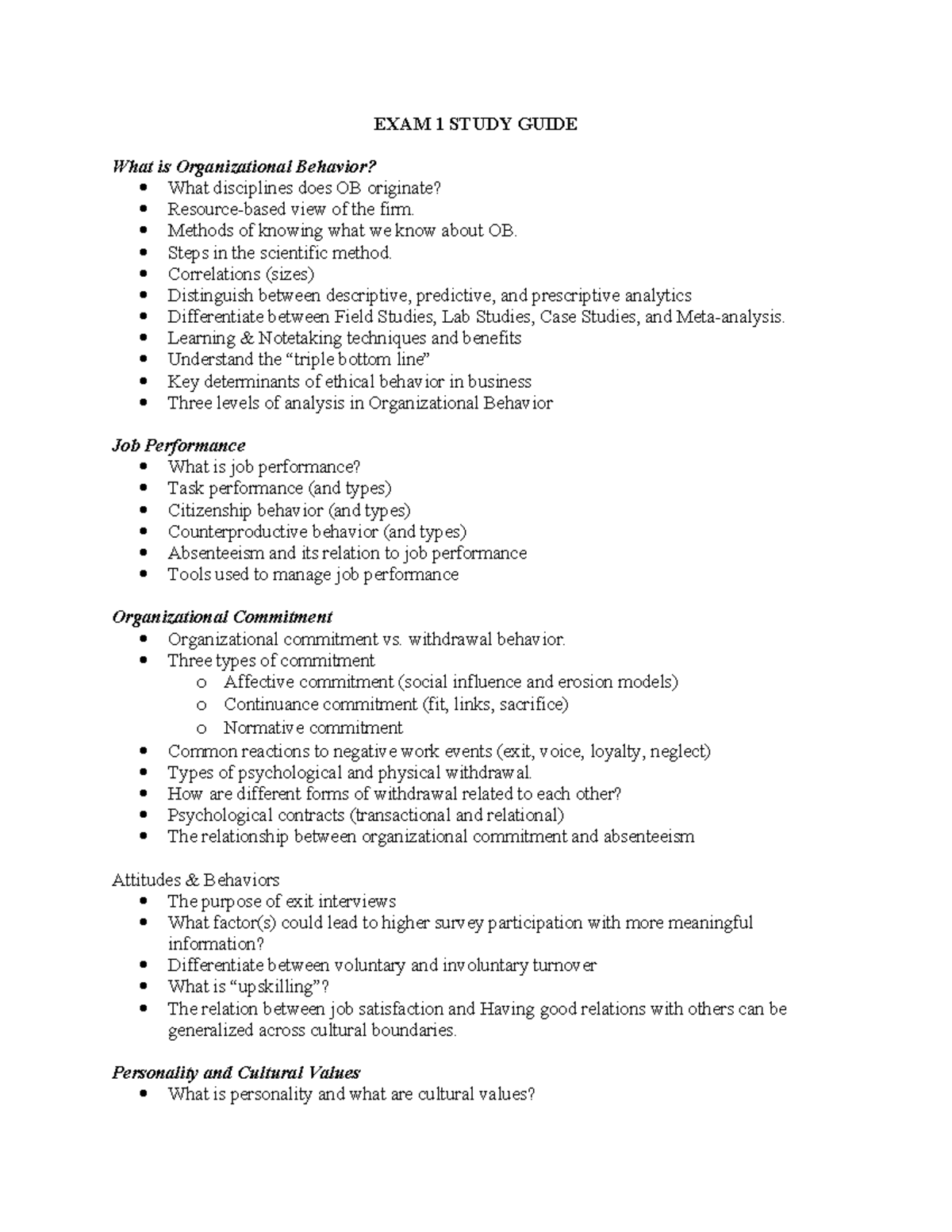 OB 101: Exam 1 Study Guide on Organizational Behavior Concepts - Studocu