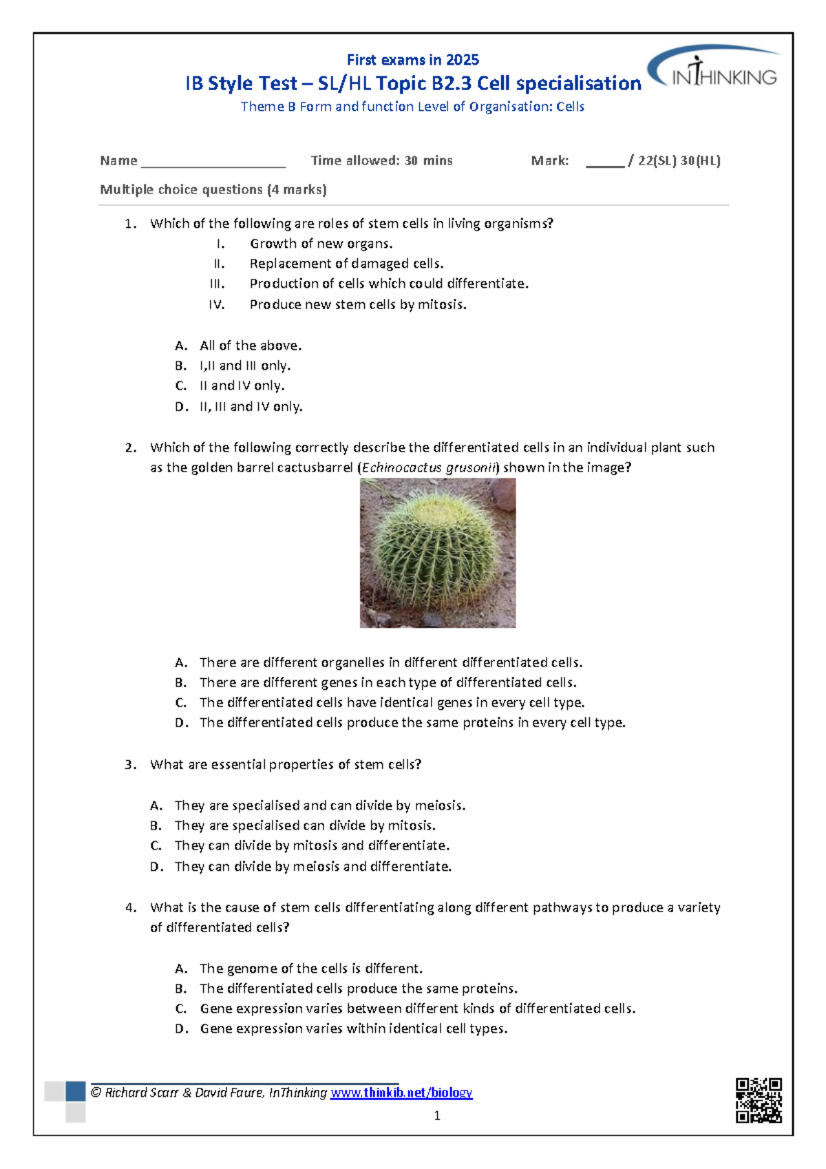 B2.3 IB Exam Study - Cell Specialisation Test (SL/HL) Notes - Document Preview