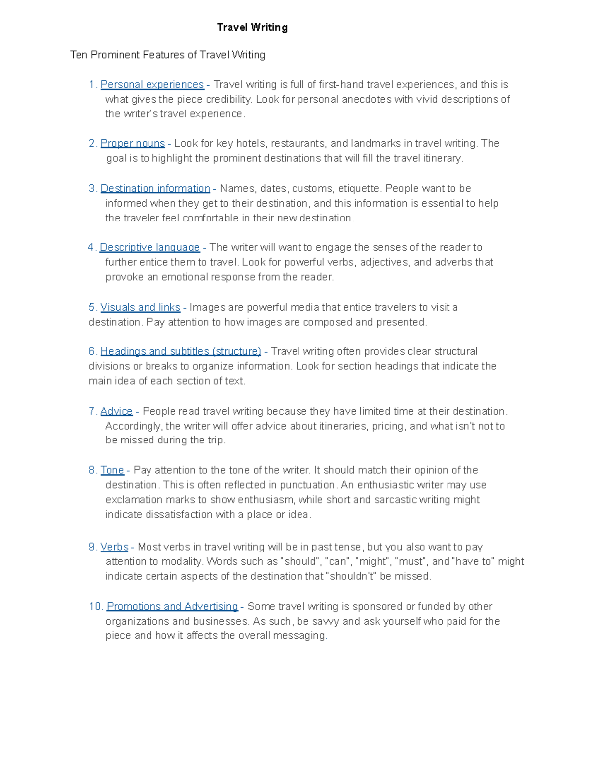 Travel Writing (ENG 201): Key Features and Conventions - Studocu