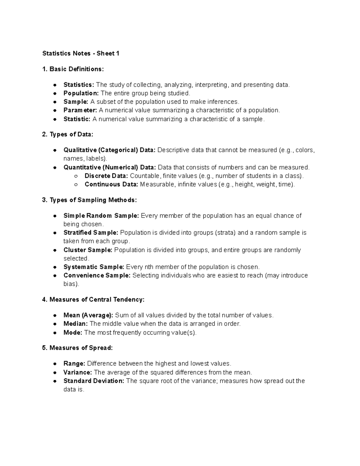 Notes #1 out of five. - Statistics Notes - Sheet 1 Basic Definitions ...