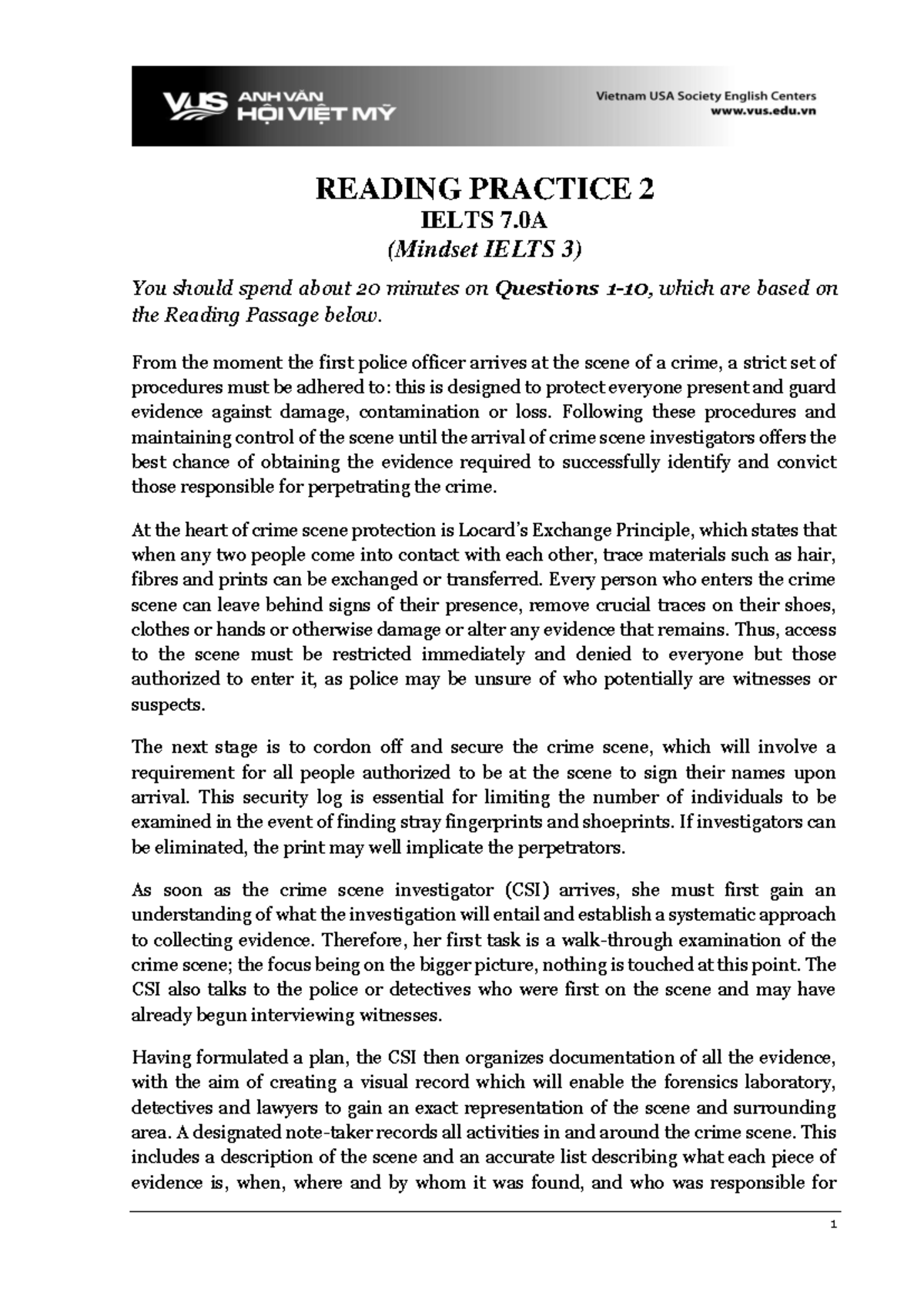 Mindset IELTS 7.0A Reading Practice 2: Crime Scene Procedures - Studocu