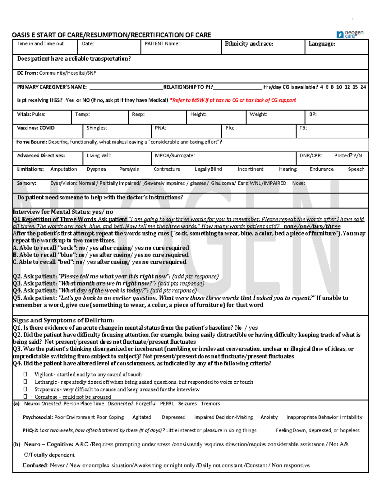 OASIS E Start of Care Assessment Worksheet - Studocu