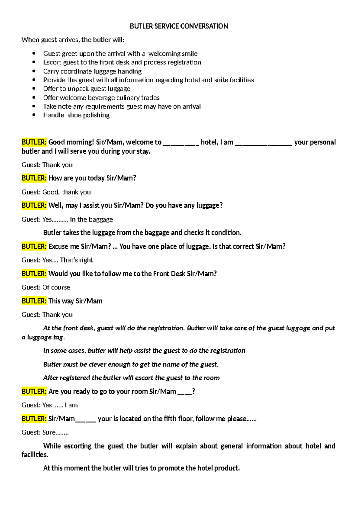 Butler Service Protocol: An Interactive Conversation Guide - Studocu
