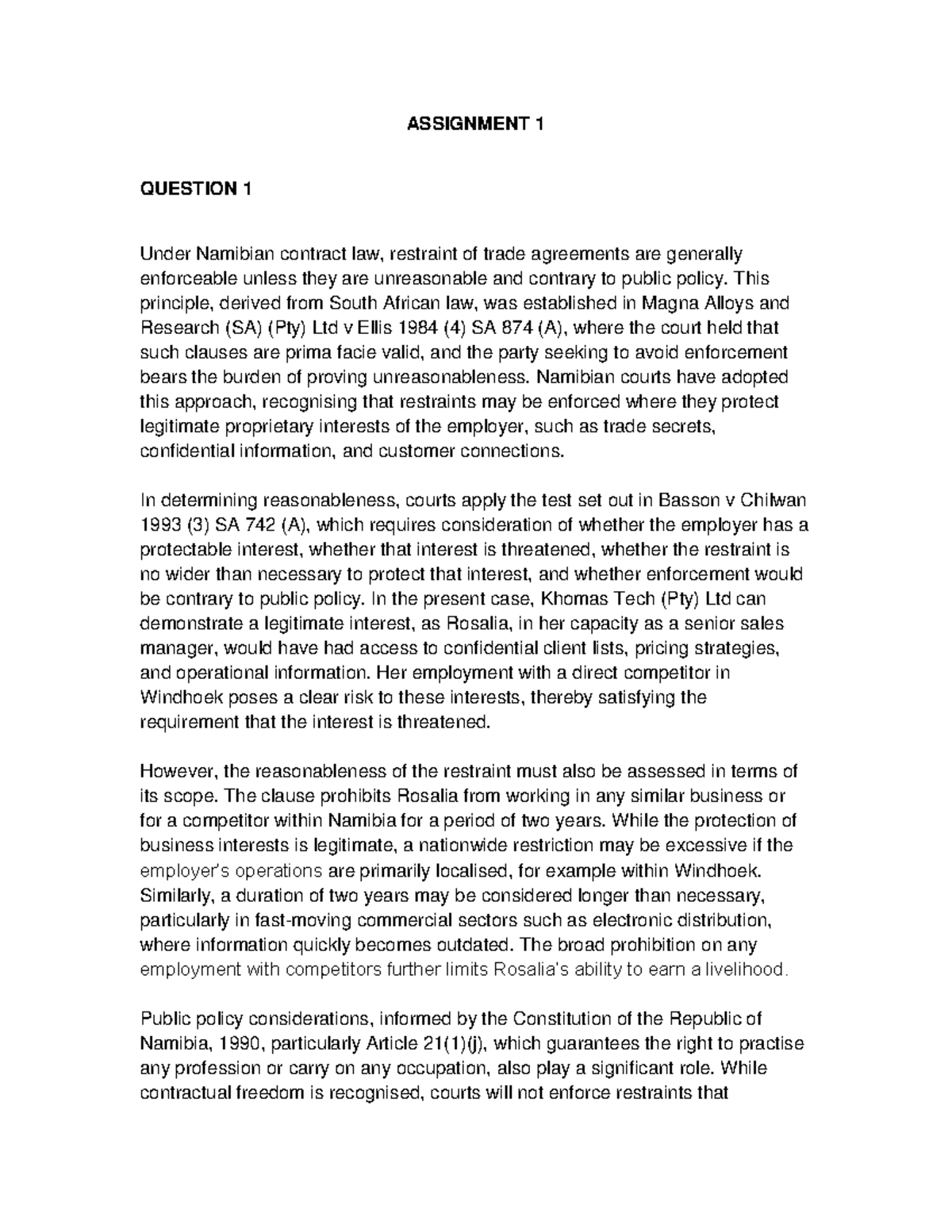Assignment 1: Restraint of Trade & Breach of Contract Analysis - Studocu