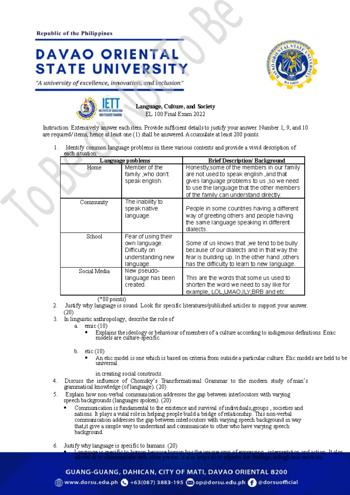 EL-101 Final Exam 2022: Language, Culture, and Society Insights - Studocu
