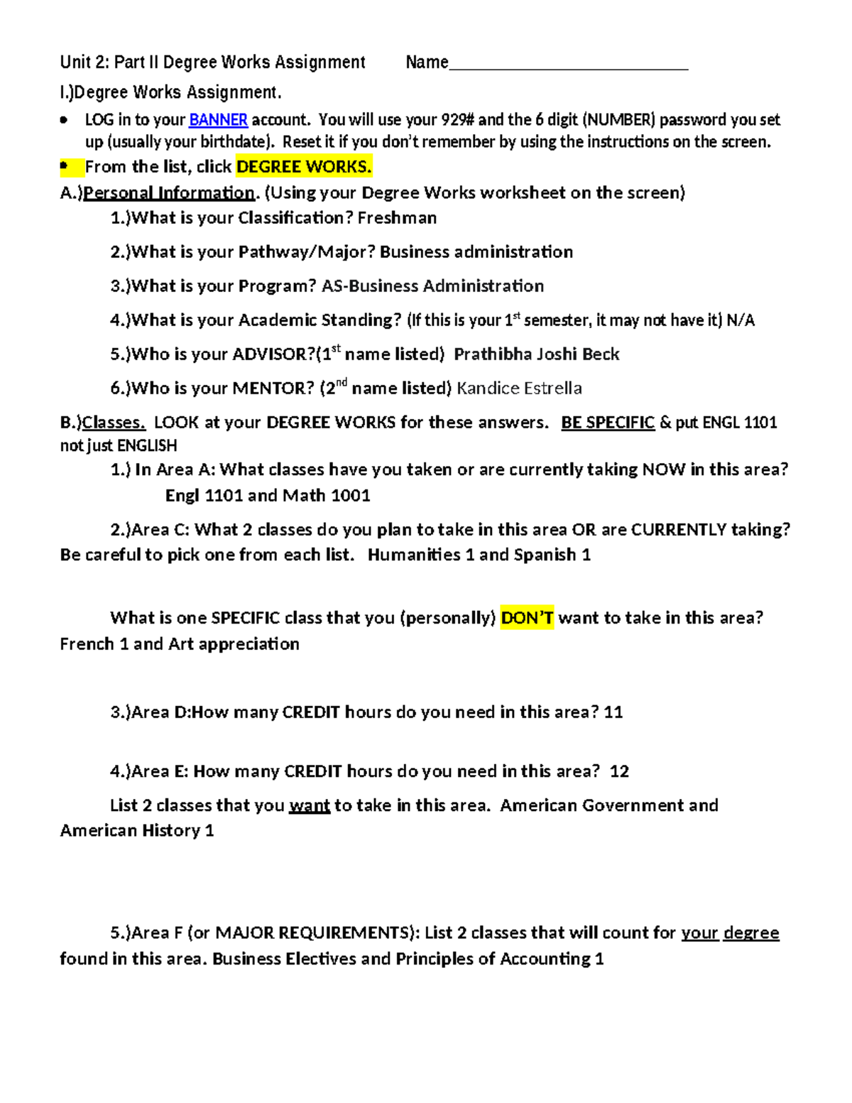 Unit 2: Part II Degree Works Assignment - Gwinn - Studocu