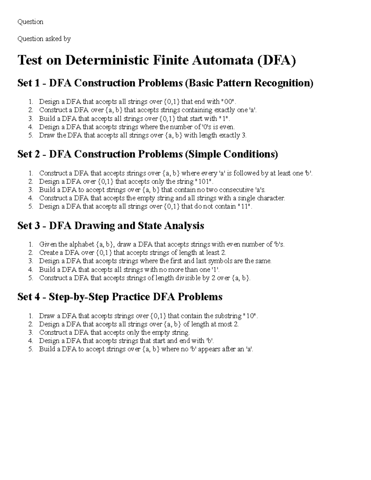 DFA Construction Problems Set 1-4: Comprehensive Guide - Studocu