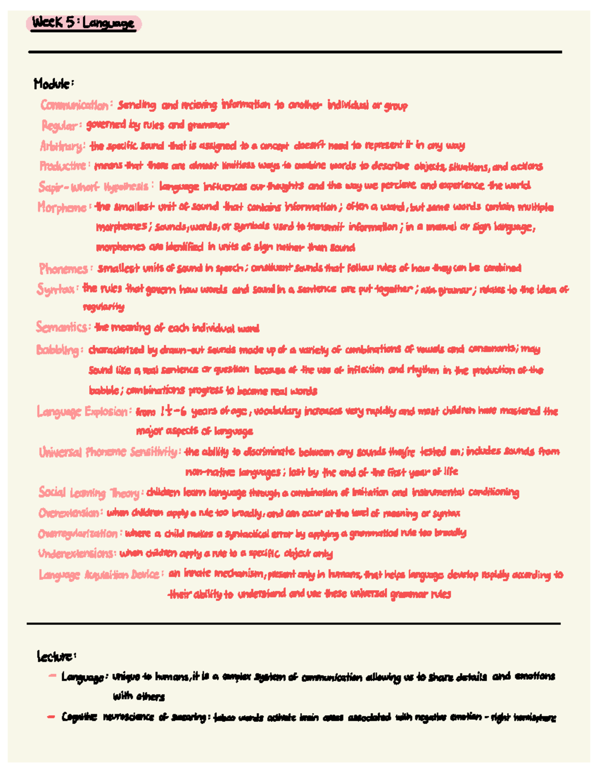 Psych 101: Week 5 Lecture Notes on Language Acquisition and ...
