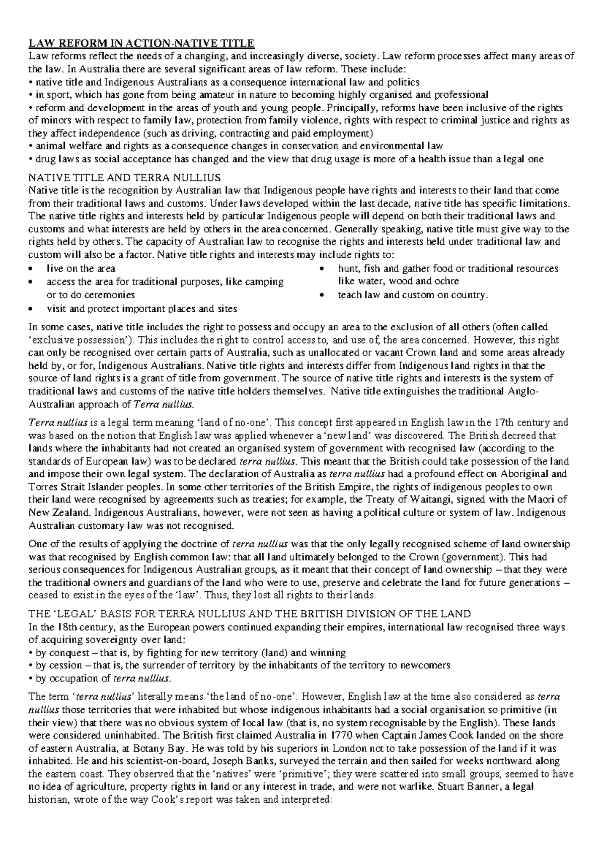 LAW REFORM IN AUSTRALIA: NATIVE TITLE AND TERRA NULLIUS (1.5.1) - Studocu