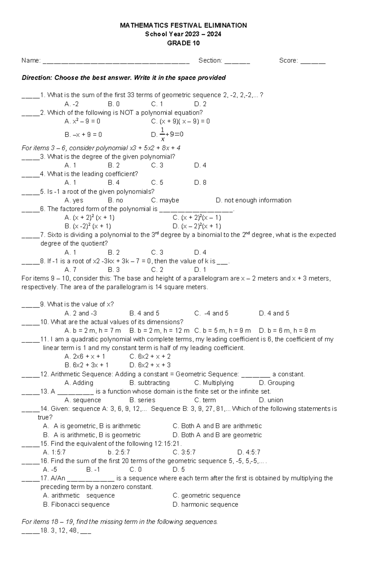 Grade 10 Math Quiz 10: Geometric & Polynomial Problems - Studocu