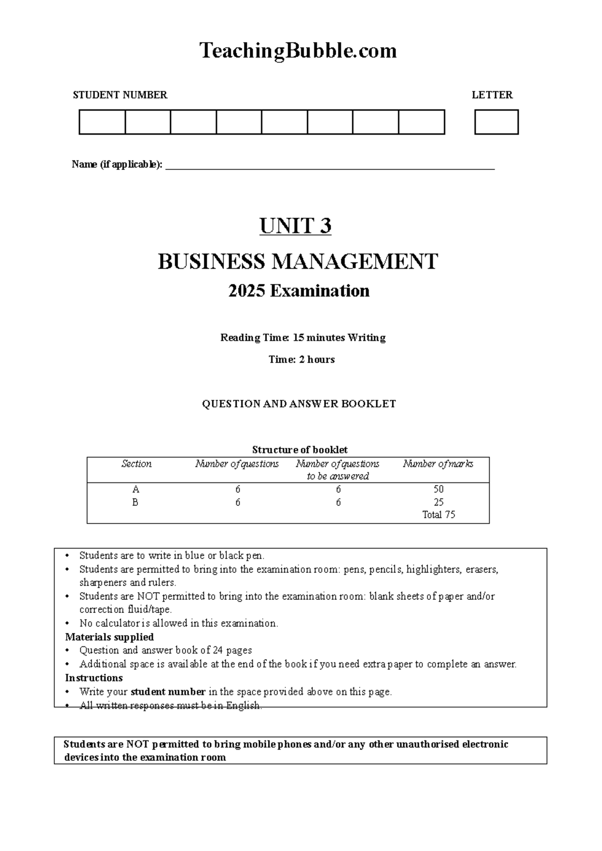 Unit 3 Business Management Exam - Teaching Bubble 2025 - Studocu