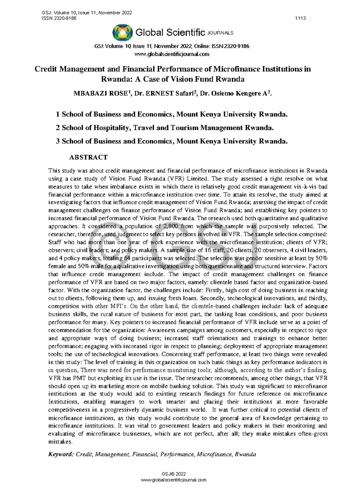 Credit Management & Financial Performance of MFIs in Rwanda: VFR Case ...