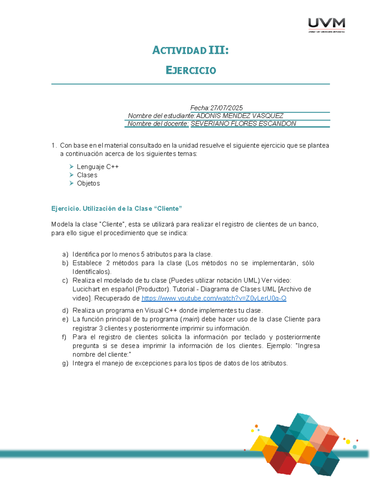 Actividad 03: Ejercicio sobre Clases y Objetos en Programación - Studocu