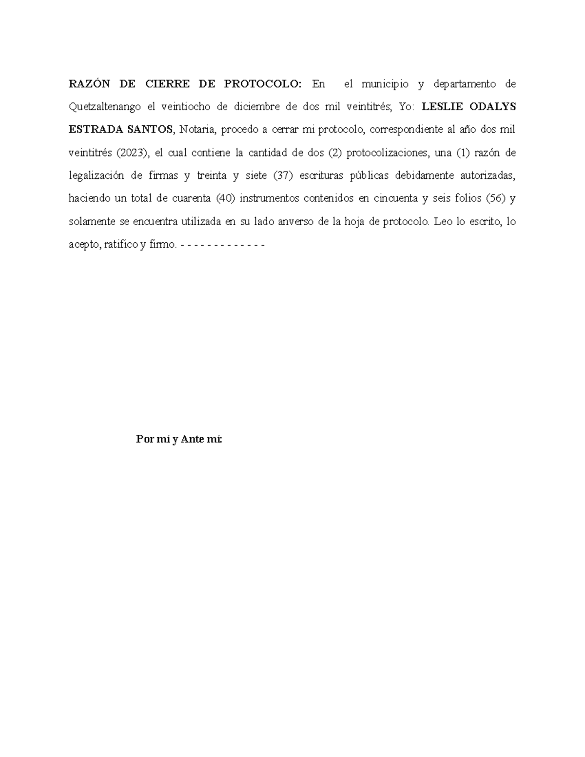 Razón de Cierre de Protocolo 2023 - Notaria Leslie Estrada - Studocu