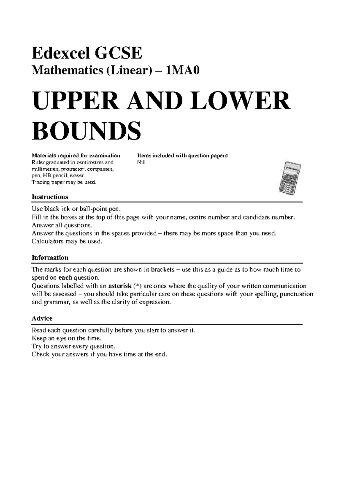 Edexcel GCSE Maths 1MA0: Upper and Lower Bounds Exam Guide - Studocu