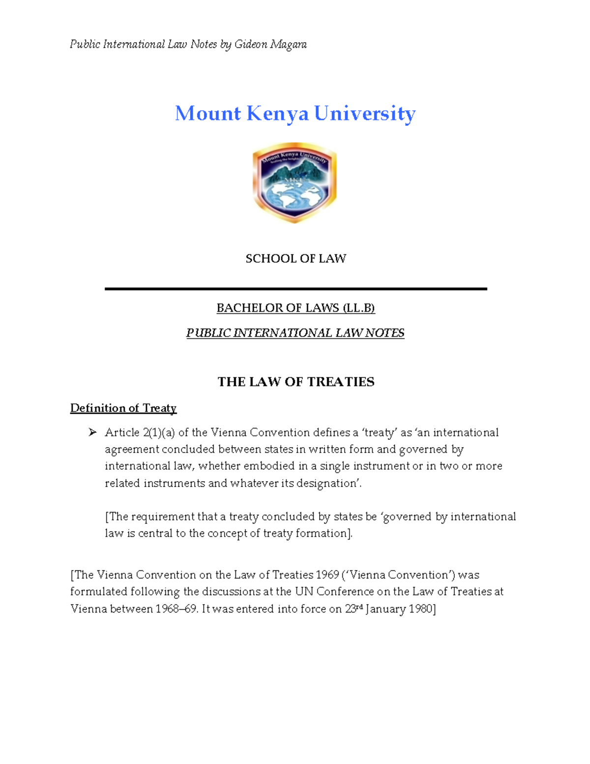 MKU LL Public International Law: Law of Treaties Study Notes - Studocu