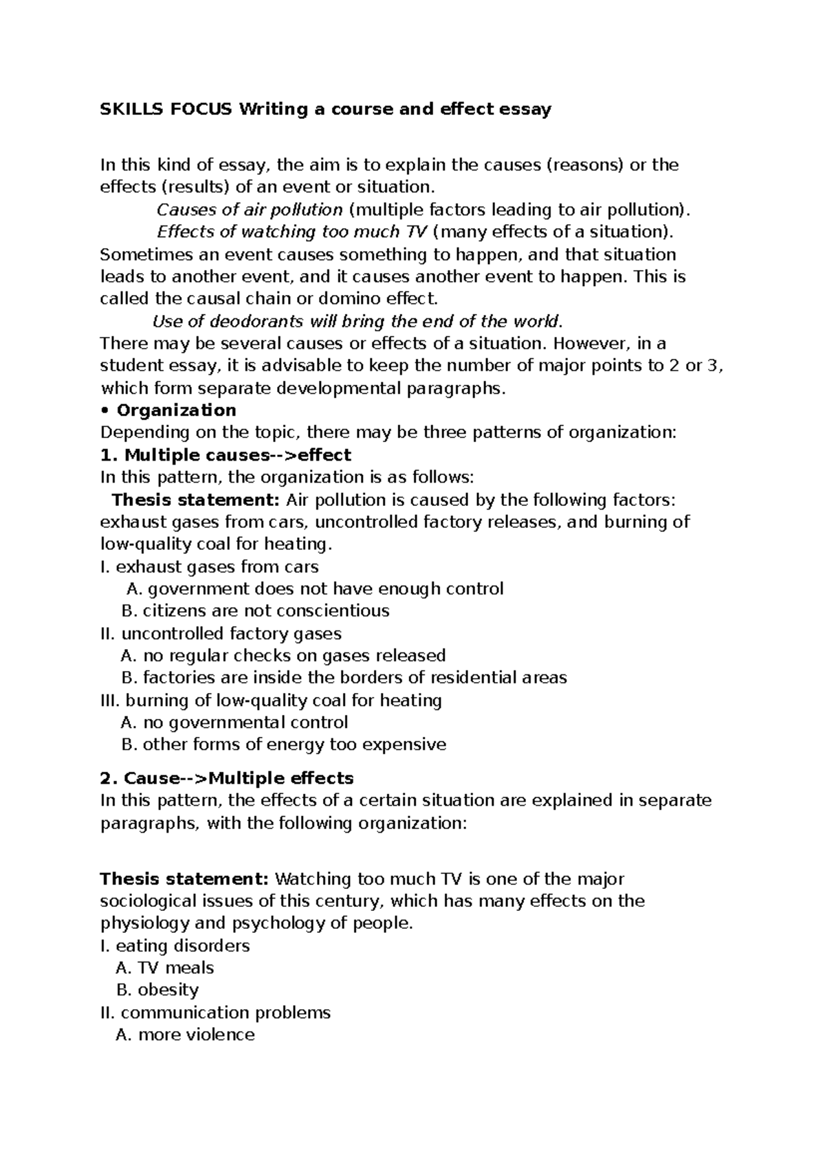 SKILLS FOCUS: Writing a Cause and Effect Essay - Studocu