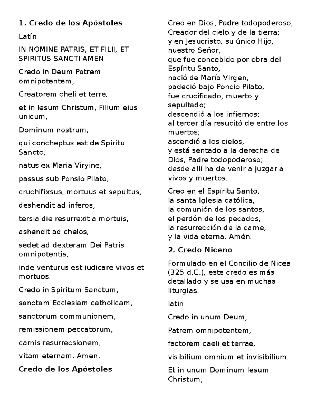 Credo de los Apóstoles y Niceno - Oraciones en Latín - Studocu