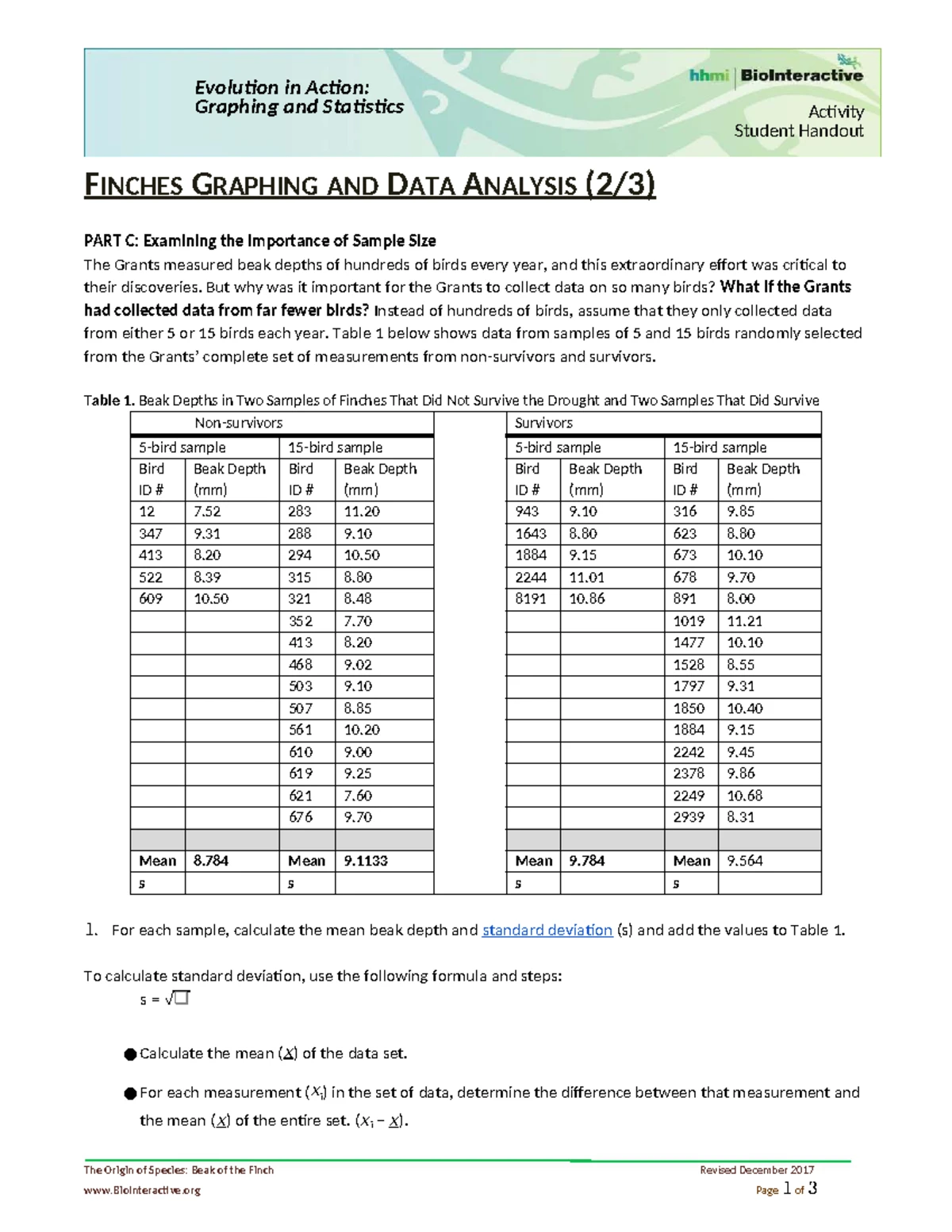 Finches Graphing & Data Analysis (3/3): Adaptive Trait Study - Studocu