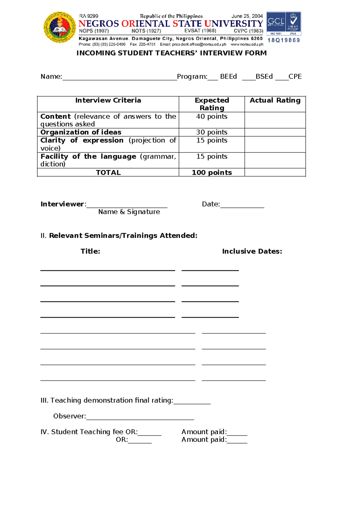 Interview FORM Incoming Student Teachers - INCOMING STUDENT TEACHERS ...