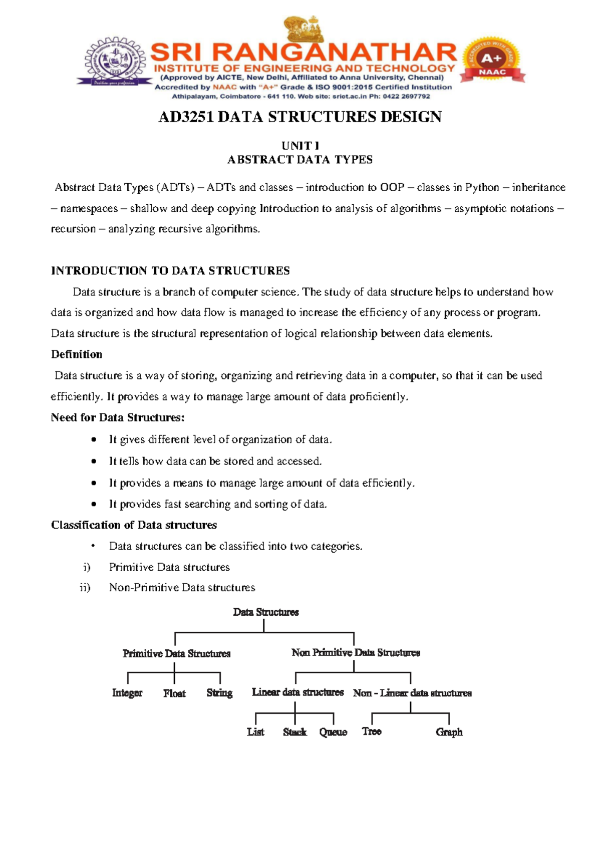 AD3251 Unit 1: Notes on Data Structures & Object-Oriented Programming ...