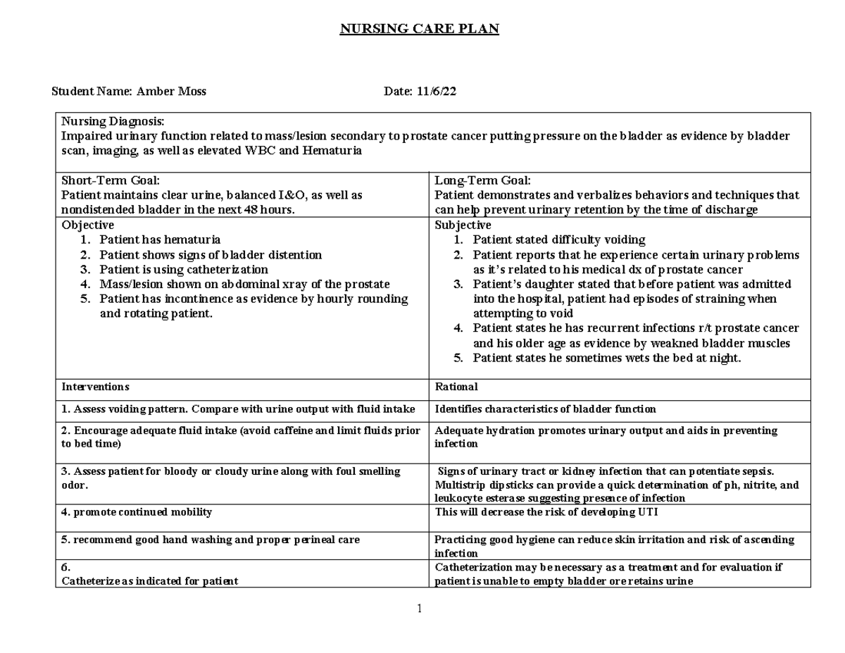 Nursing Care Plan for Urinary Function - NCP 11/06/22 - Studocu