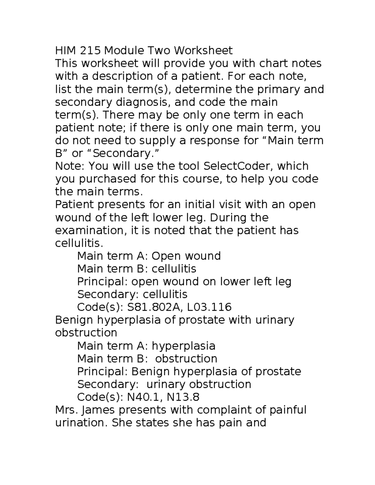 HIM 215 Module Two Patient Chart Notes Worksheet - Studocu