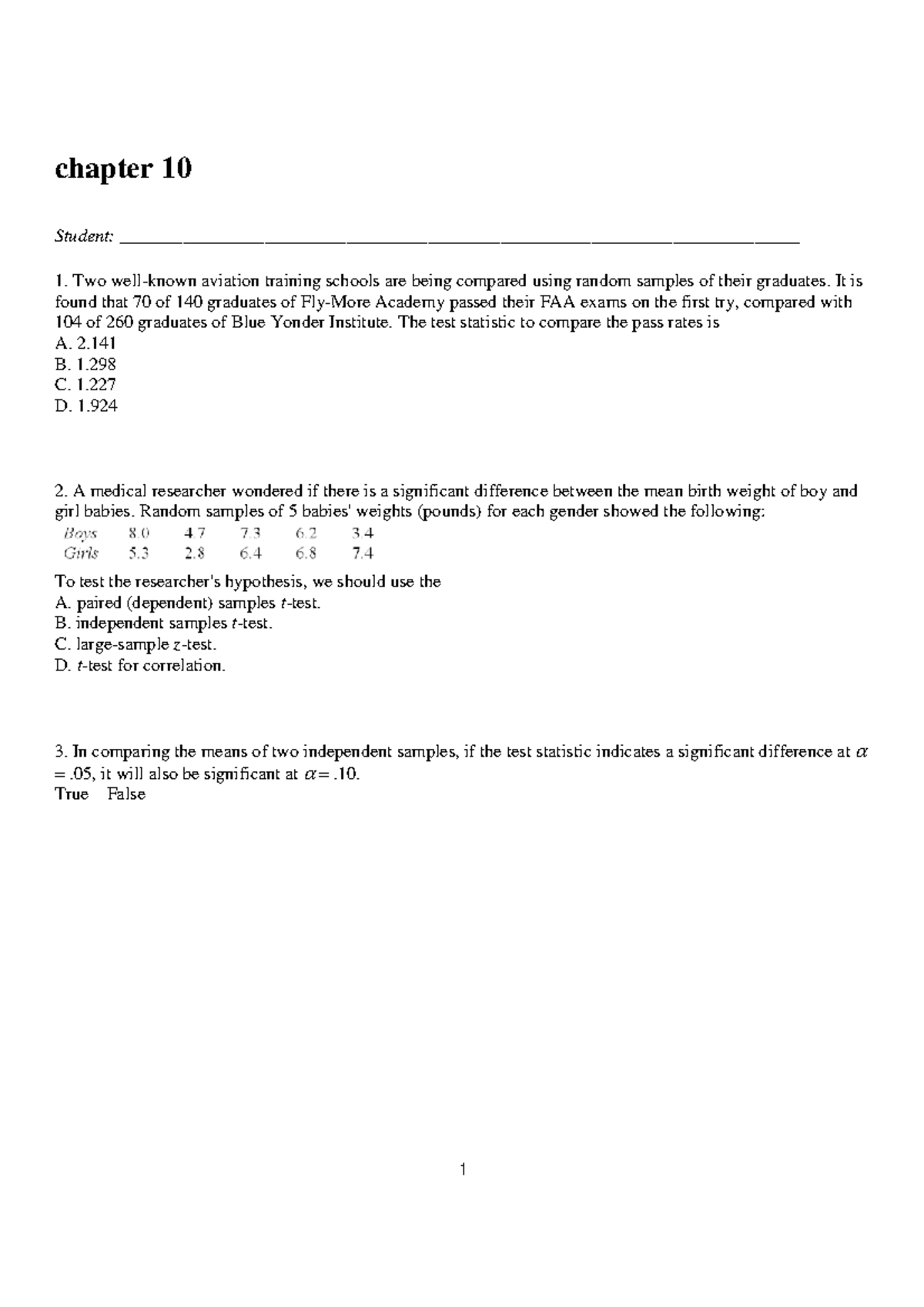 Chapter 10 - Quiz on Statistical Tests and Comparisons - Studocu