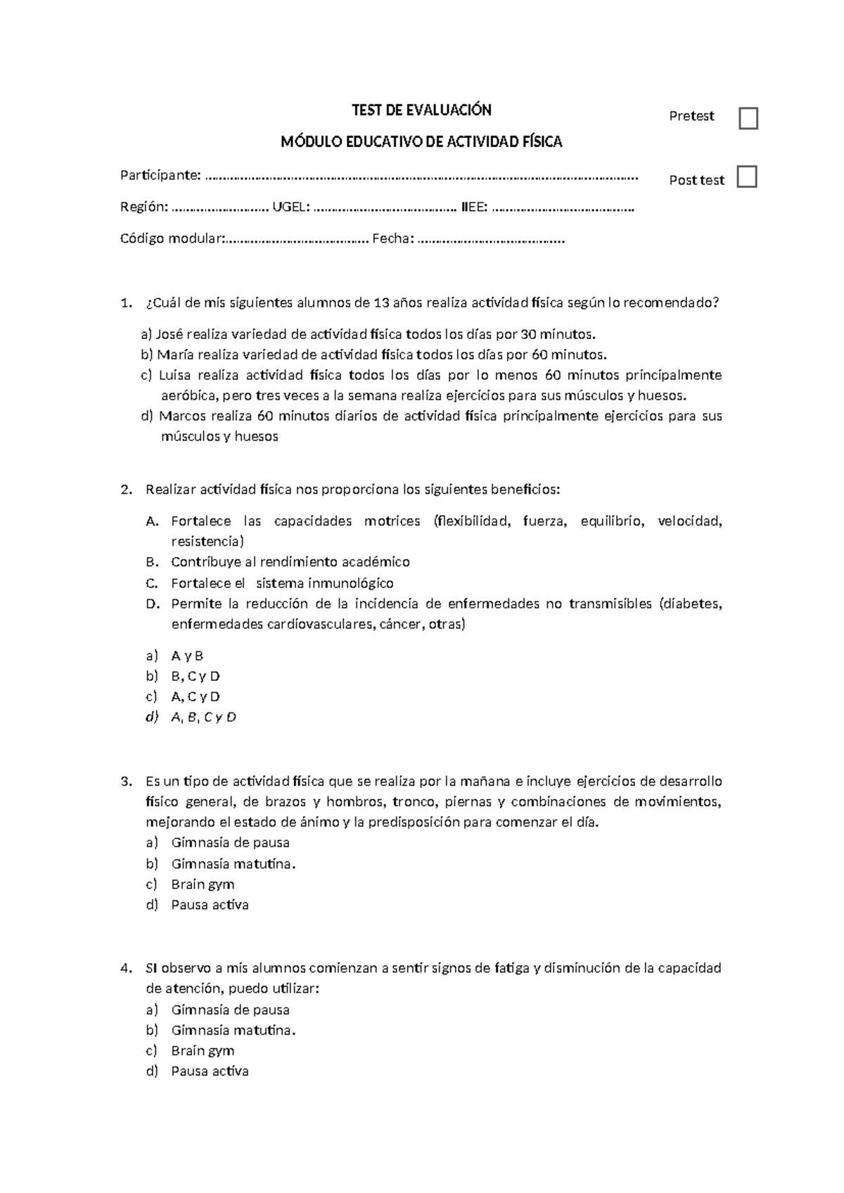 TEST DE EVALUACIÓN: Actividad Física Teórica para Estudiantes - Document Preview