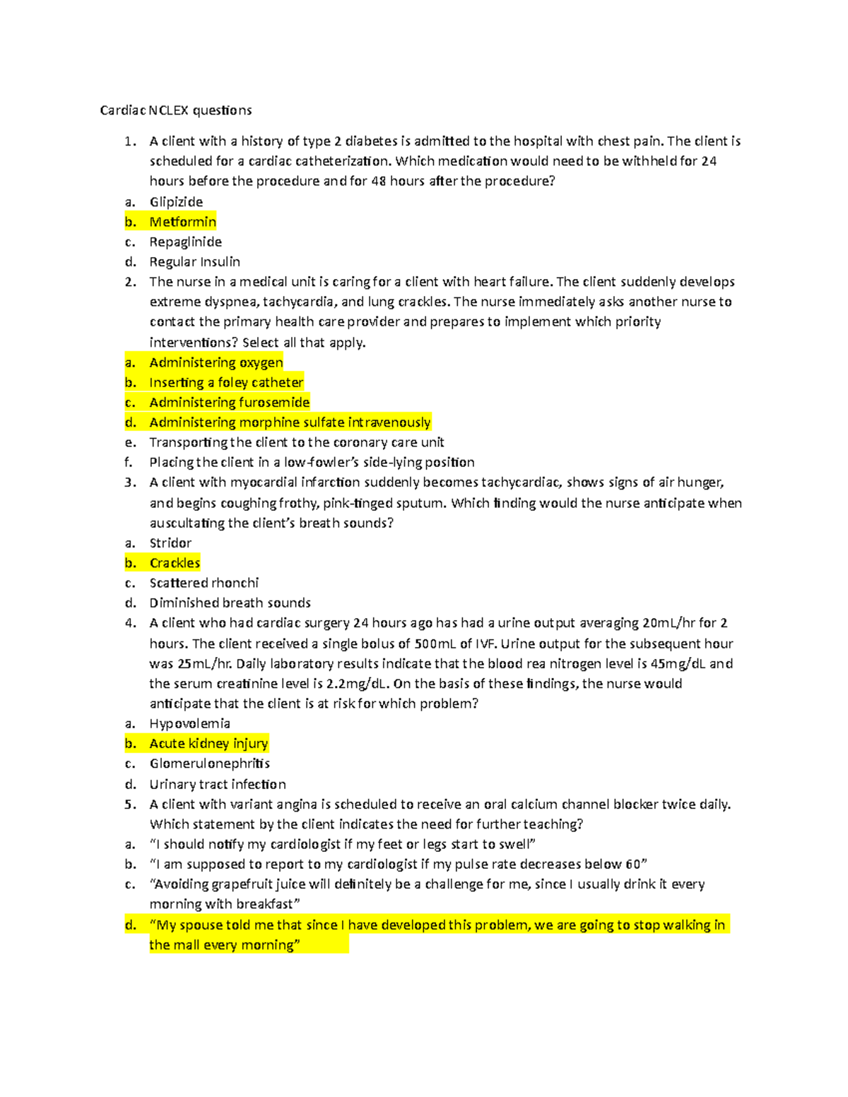 Cardiac NCLEX Questions for Exam Preparation (Nursing 101) - Studocu