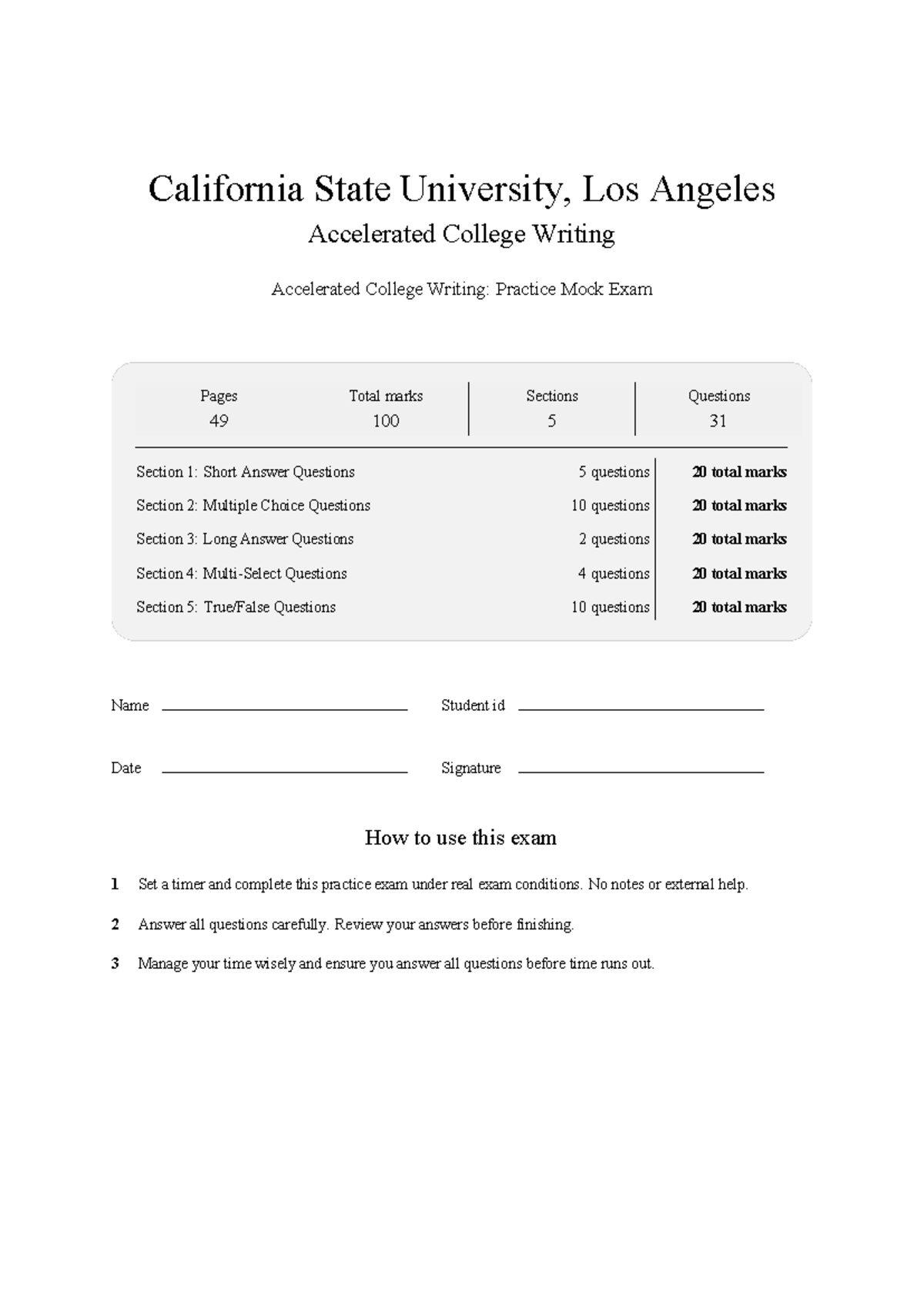 ENGL 1010 Cal State LA Accelerated Writing Practice Mock Exam 2026 ...