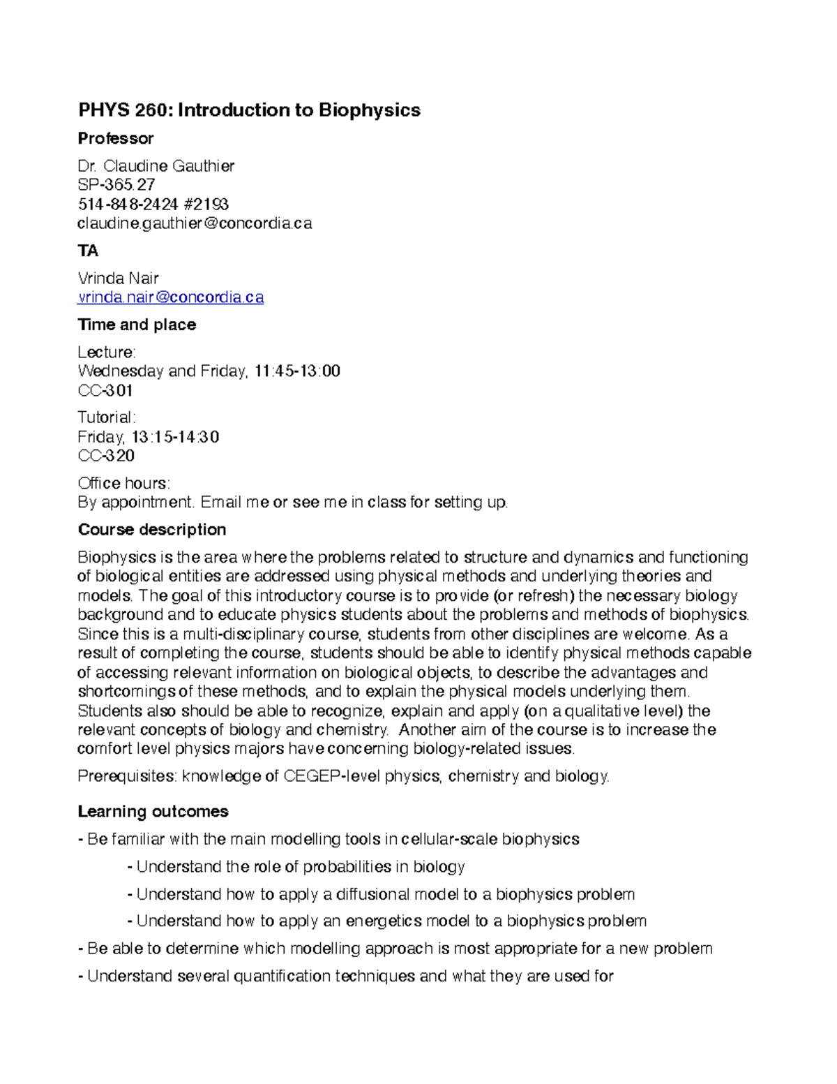 PHYS 260: Biophysics Course Syllabus and Important Dates 2025 - Studocu
