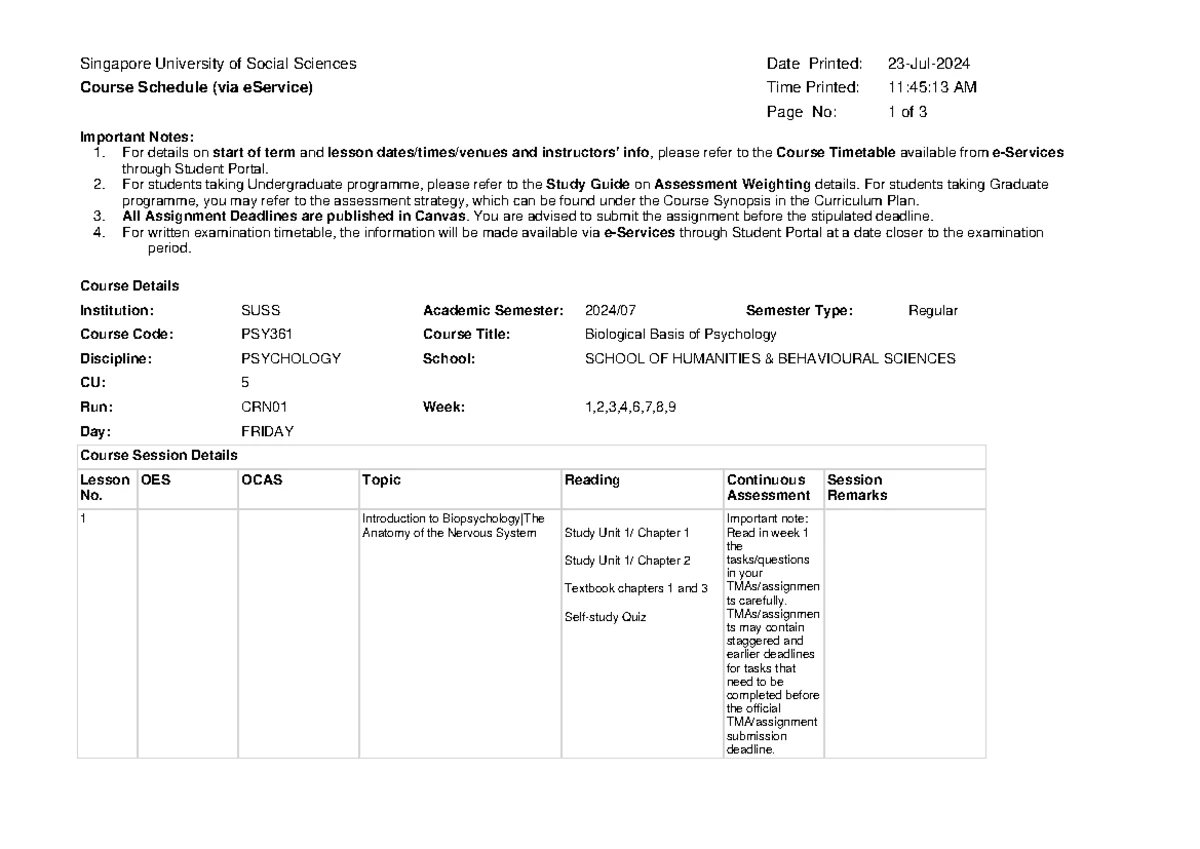 PSY 363 Course Timetable - Important Notes: 1. For details on start of ...