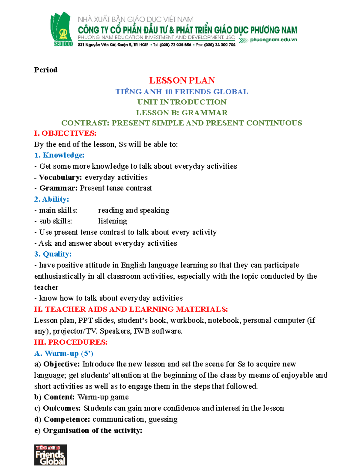 Unit Introduction B Grammar lesson plan - Period LESSON PLAN TIẾNG ANH ...