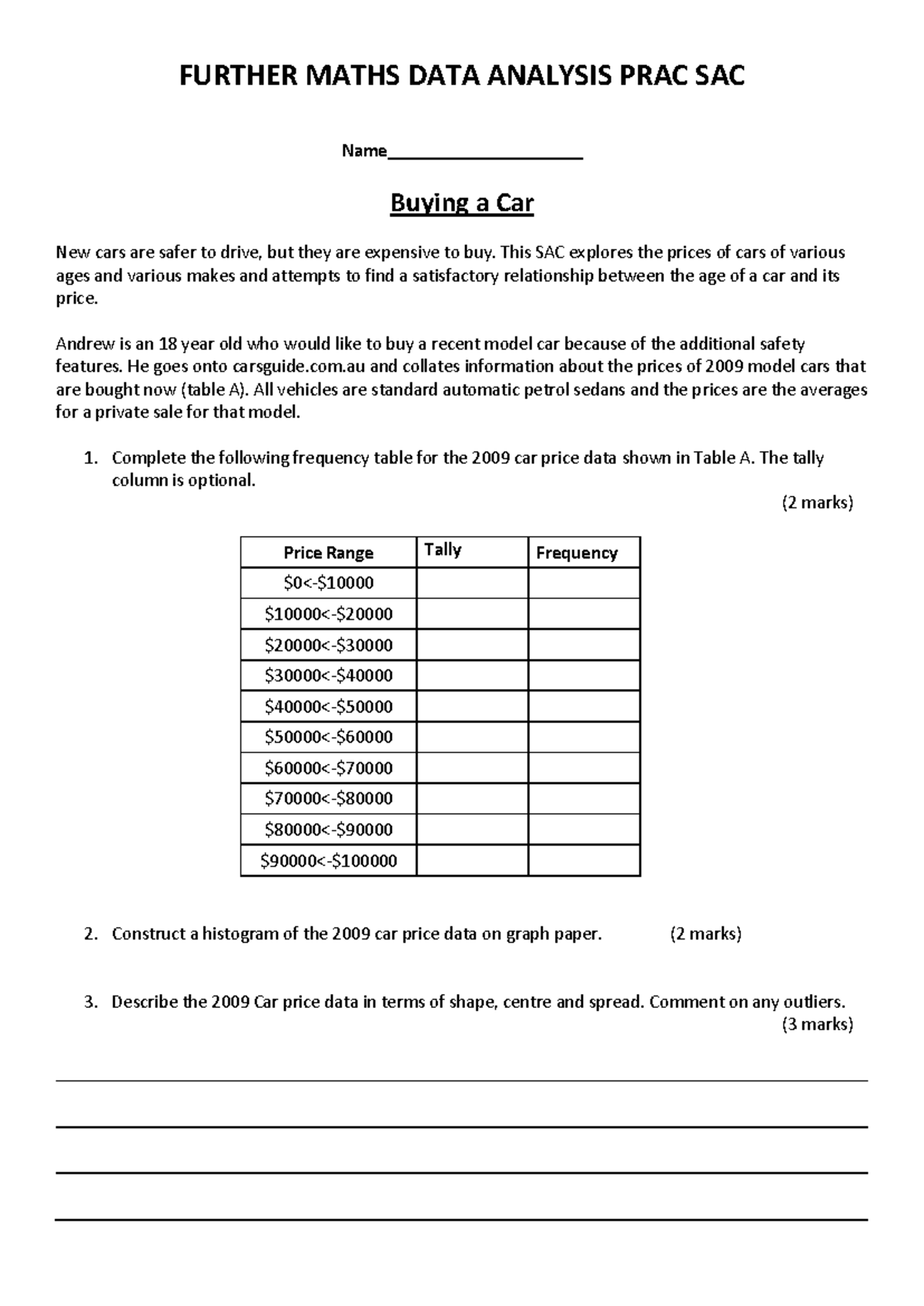 Further Maths SAC: Car Price Data Analysis Practice - Studocu