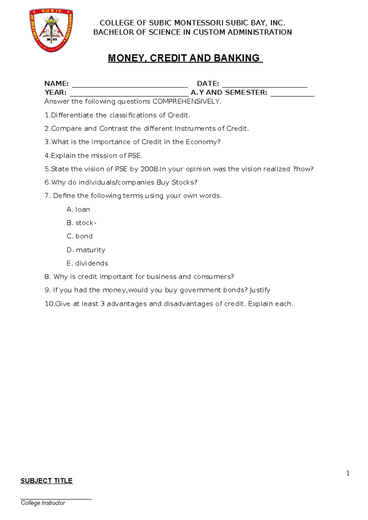 BSCAM 1st Sem Midterm: Money, Credit & Banking Study Guide - Studocu