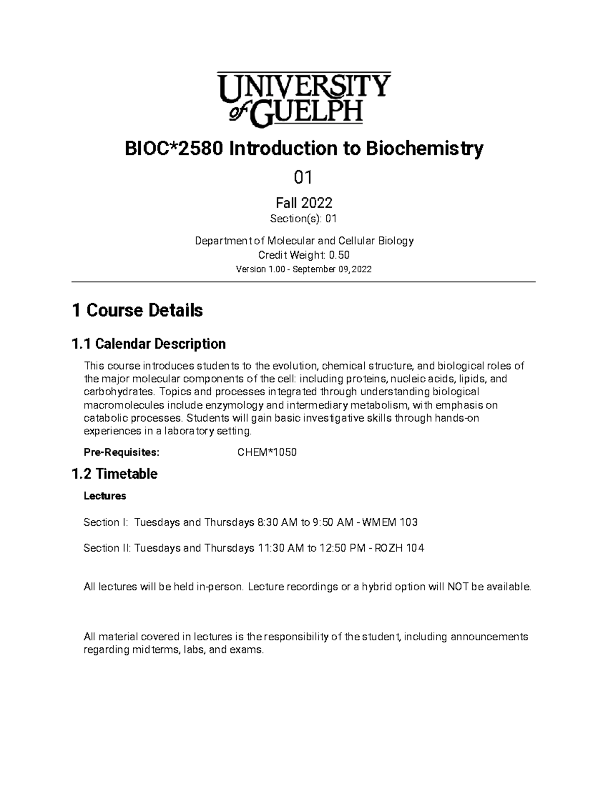 BIOC 2580 F22 Introduction to Biochemistry Course Details and Schedule ...