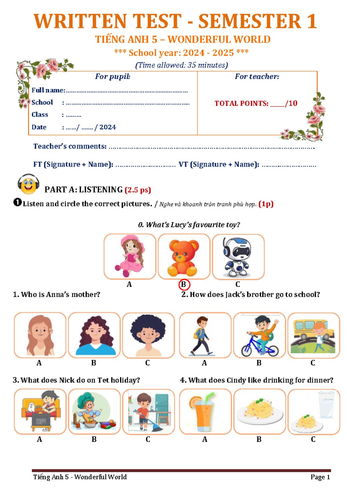 WRITTEN TEST 1 TIẾNG ANH 5 WONDERFUL WORLD - 2024 - Studocu