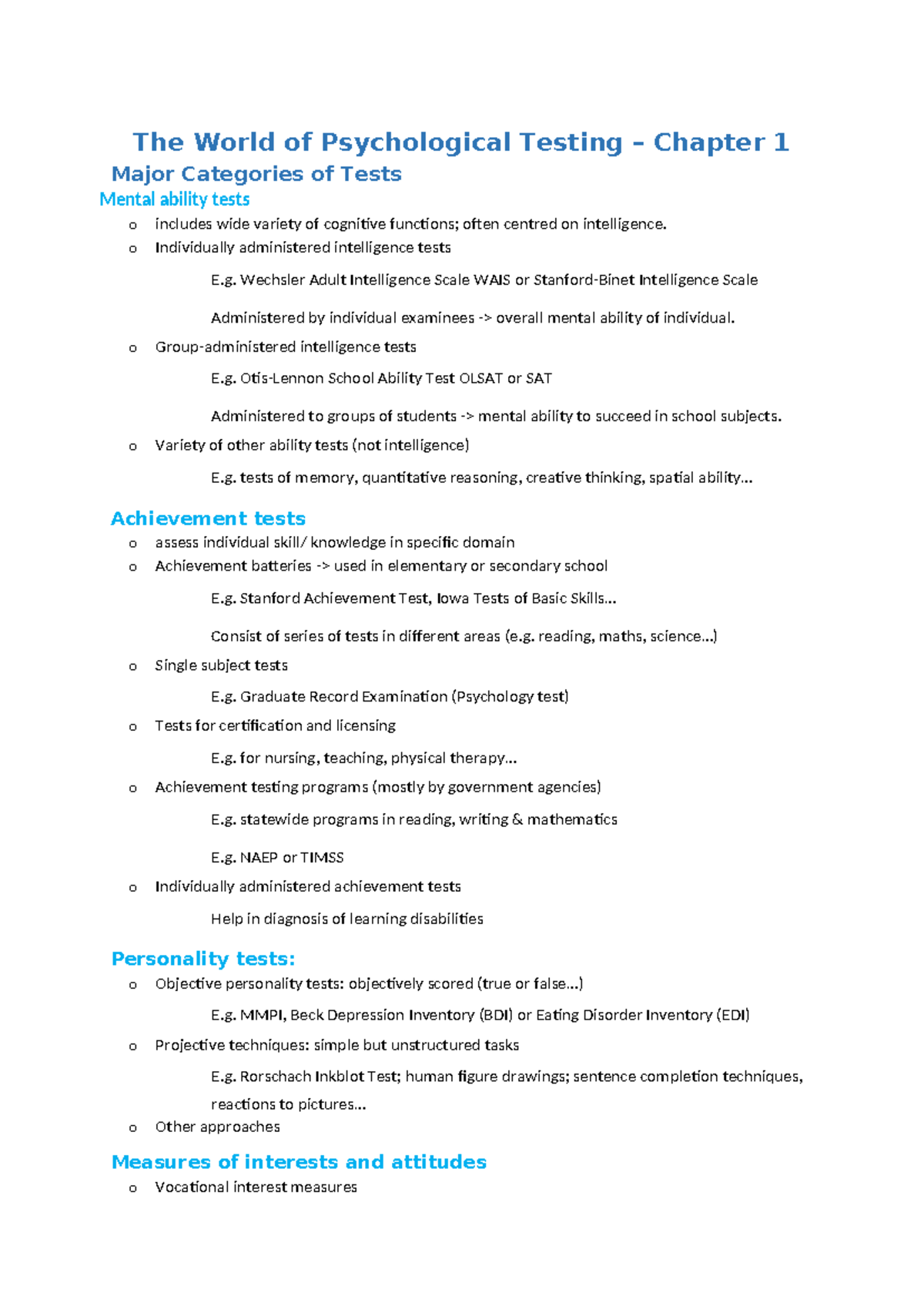 List Of Psychological Tests And Their Uses